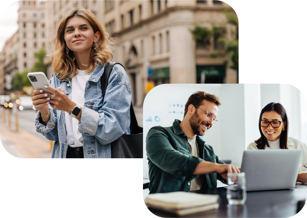 a collage of images, the first image shows a woman out on the street holding a mobile phone and the second image shoes and man and woman sitting at a desk looking at a laptop