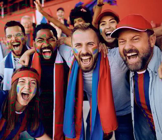 Group of men and women dressed in red and blue sports gear cheering at a game
